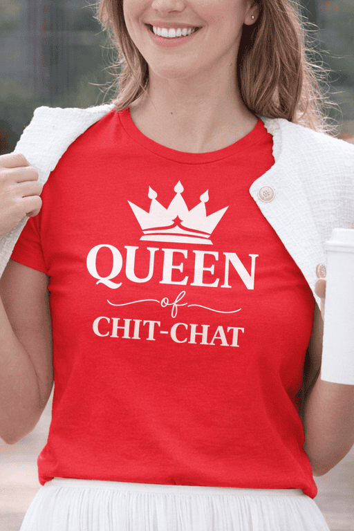 Bold red T-shirt with "Queen of Chit-Chat" slogan and crown graphic, perfect for stylish casual wear.