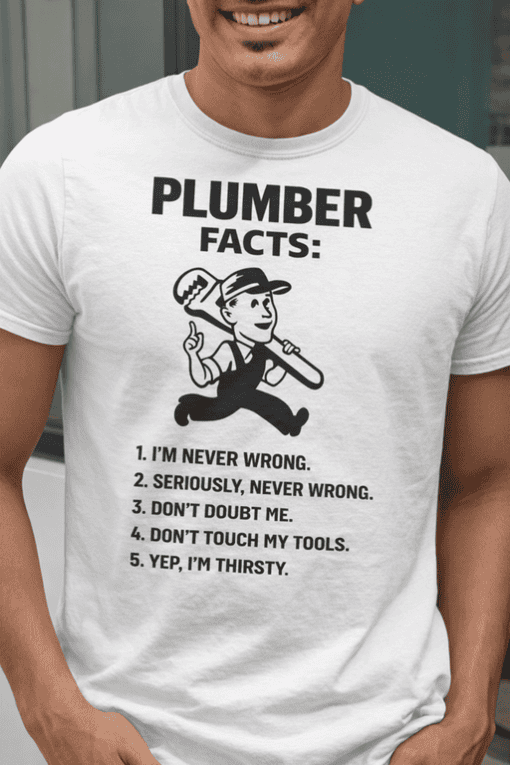 1. Funny plumber t-shirt with humor and graphic design for work or casual wear.