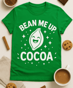 Cute cocoa-themed T-shirt with bean illustration, perfect for coffee lovers and quirky fashion.