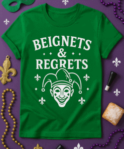 1. Green T-shirt with "Beignets & Regrets" joke design, Mardi Gras themed apparel.