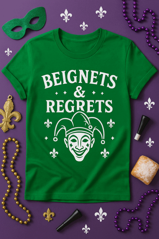 1. Green T-shirt with "Beignets & Regrets" joke design, Mardi Gras themed apparel.