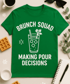 Bright green T-shirt with "Brunch Squad Making Pour Decisions" humorous print, perfect for brunch lovers and casual wear.