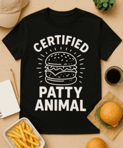 Certified Patty Animal funny burger lover T-shirt for foodie humor enthusiasts.