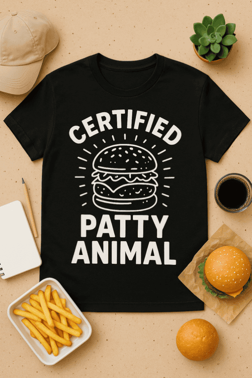 Certified Patty Animal funny burger lover T-shirt for foodie humor enthusiasts.