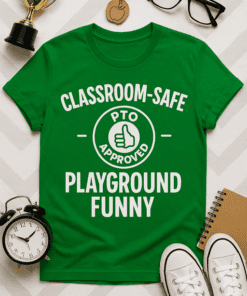 Classroom-safe playground funny t-shirt, PTO approved humor, kids' school shirt, playful graphic tee.
