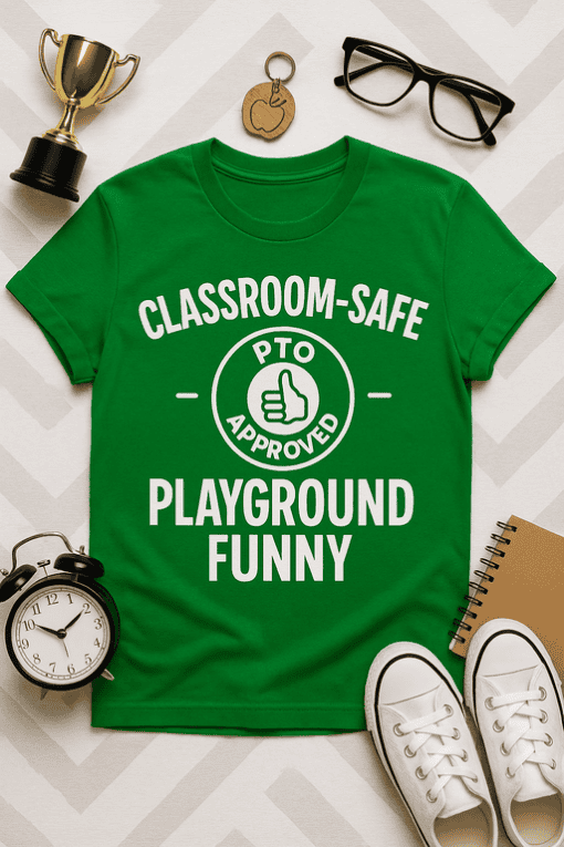 Classroom-safe playground funny t-shirt, PTO approved humor, kids' school shirt, playful graphic tee.