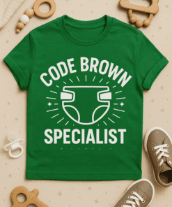 Code Brown Specialist funny diaper emergency t-shirt for dads and parents, perfect for baby humor enthusiasts.