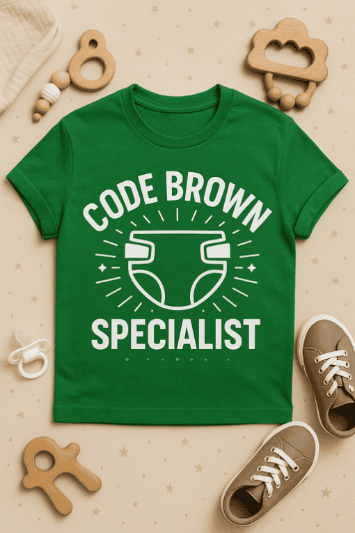 Code Brown Specialist funny diaper emergency t-shirt for dads and parents, perfect for baby humor enthusiasts.