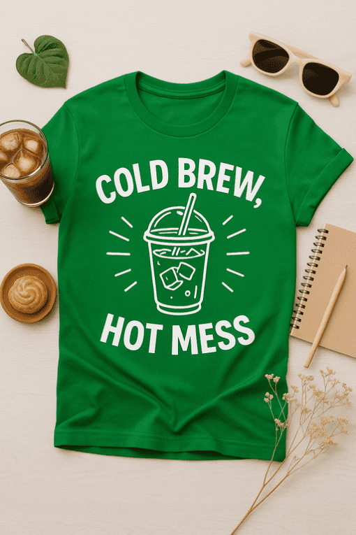 Cold brew t-shirt with humorous coffee quote, stylish casual wear for coffee lovers.