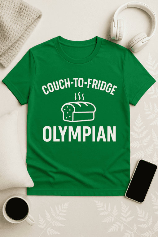 1. Green "Couch-to-Fridge Olympian" T-shirt, funny casual graphic tee.