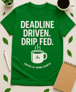 Coffee-themed green T-shirt with bold white text and graphic design, perfect for casual wear and coffee lovers.