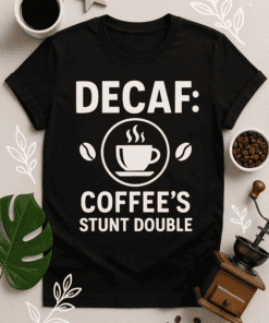 Decaf coffee T-shirt with fun caffeine humor and stylish design, perfect for coffee lovers.