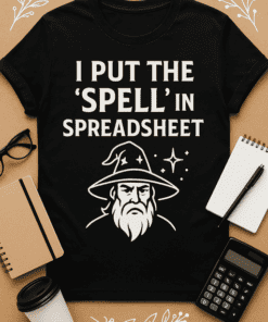 1. Funny geek T-shirt with wizard and spreadsheet quote, perfect for programmers and data enthusiasts.