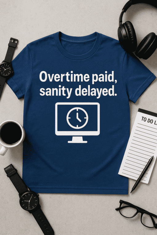 Overtime paid t-shirt with humorous office quote for work stress relief.