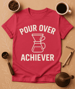 1. Inspirational coffee-themed T-shirt with "Pour Over Achiever" design for coffee lovers.