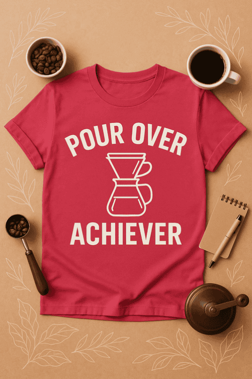 1. Inspirational coffee-themed T-shirt with "Pour Over Achiever" design for coffee lovers.