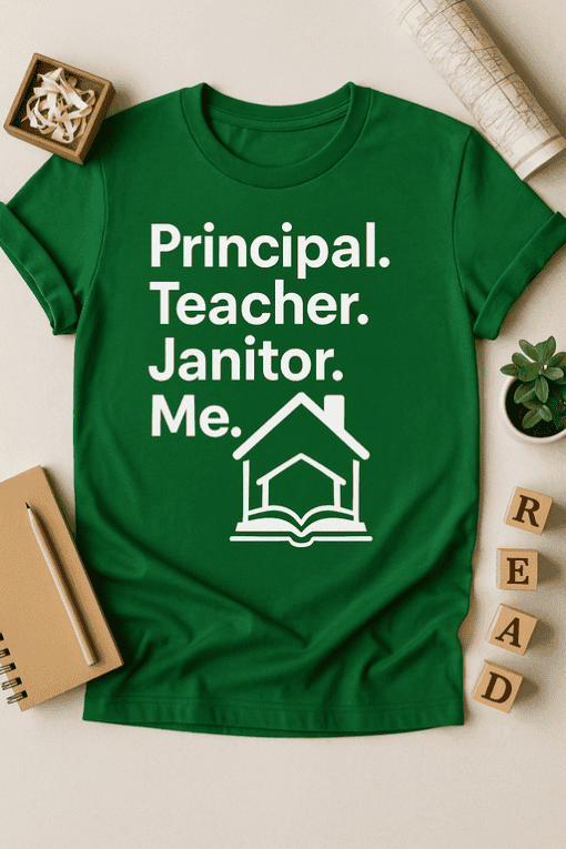 Principal Teacher Janitor T-shirt for educators, school staff, and education professionals.