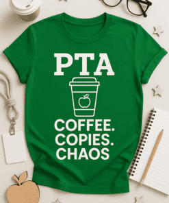 PTA coffee t-shirt with quotes, perfect for school events and teacher appreciation gifts.