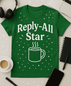 Reply-All Star green tea T-shirt, trendy casual graphic tee for coffee lovers, stylish comfortable unisex shirt.