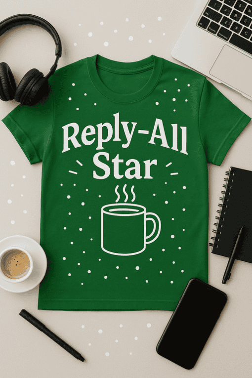 Reply-All Star green tea T-shirt, trendy casual graphic tee for coffee lovers, stylish comfortable unisex shirt.