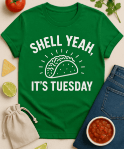 Bright green taco t-shirt with humorous “Shell Yeah, It’s Tuesday” slogan for casual style.