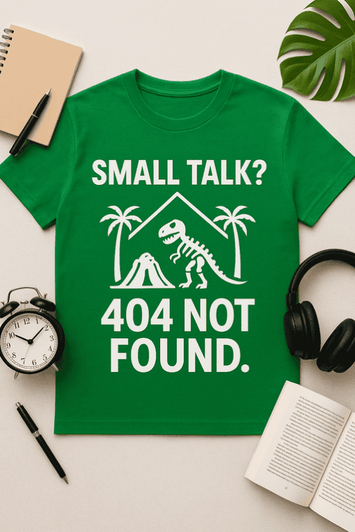 404 dinosaur T-shirt with tropical palm design, humor graphic tee, small talk funny shirt.