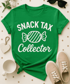Bright green T-shirt with "Snack Tax Collector" candy design, perfect for casual wear and street style.