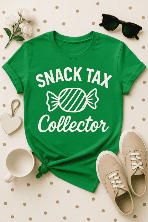 Bright green T-shirt with "Snack Tax Collector" candy design, perfect for casual wear and street style.