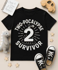 Two-Pocalypse Survivor kids T-shirt for resilient children, perfect for double birthday gifts.