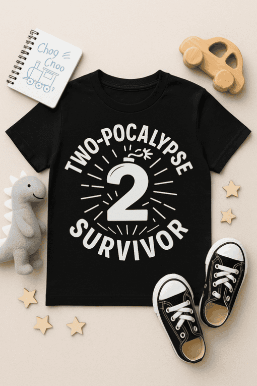 Two-Pocalypse Survivor kids T-shirt for resilient children, perfect for double birthday gifts.