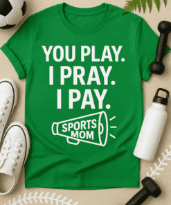 1. Green "Sports Mom" T-shirt with bold white text and megaphone graphic.