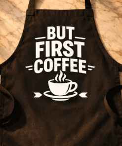 Apron for coffee lovers with the slogan But First Coffee
