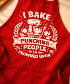 Funny apron with the slogan I Bake Because Punching People Is Frowned Upon