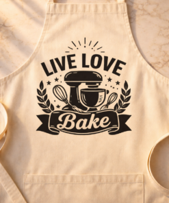 Funny apron with the slogan Live Love Bake