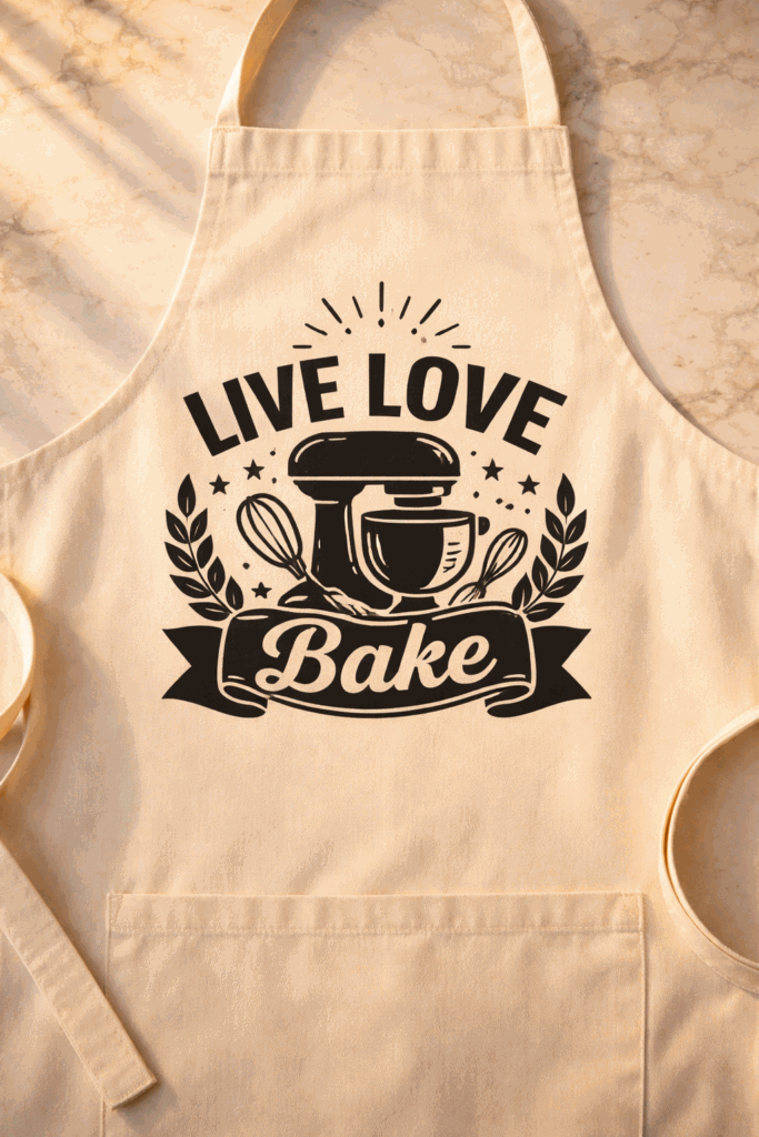 Funny apron with the slogan Live Love Bake