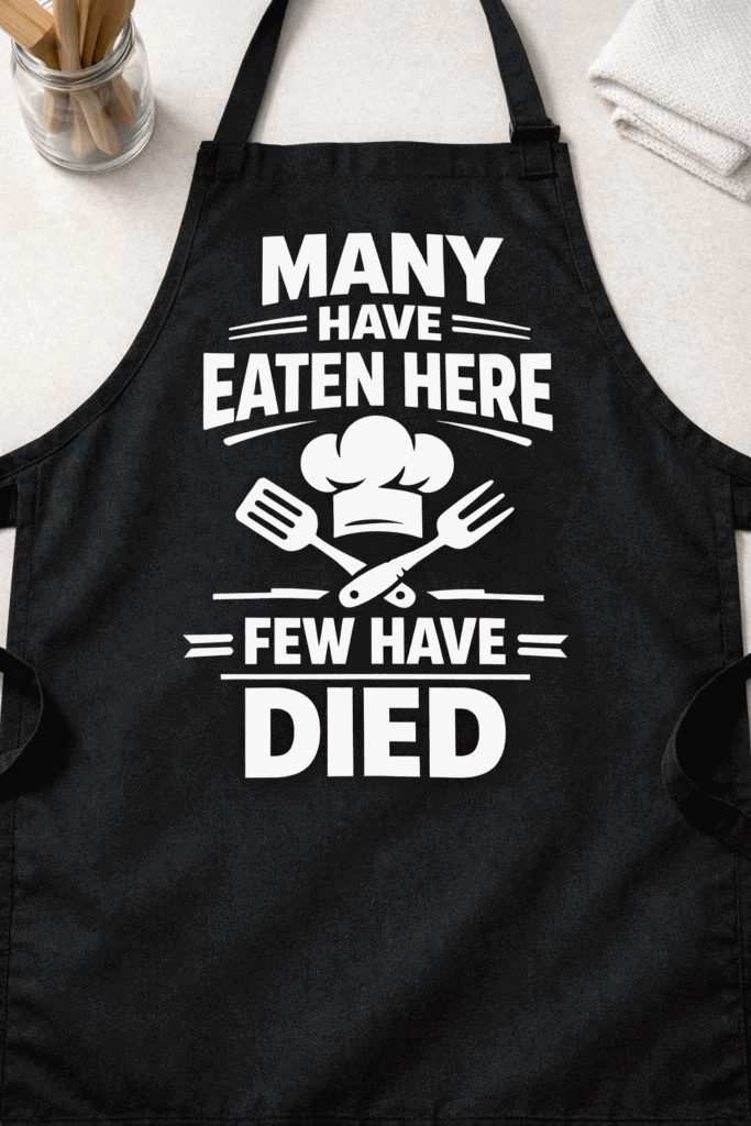 Funny apron with the slogan Many Have Eaten Here, Few Have Died