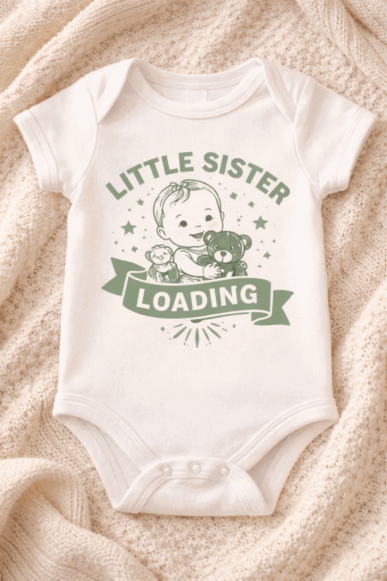Funny baby bodysuit with the slogan Little Sister Loading