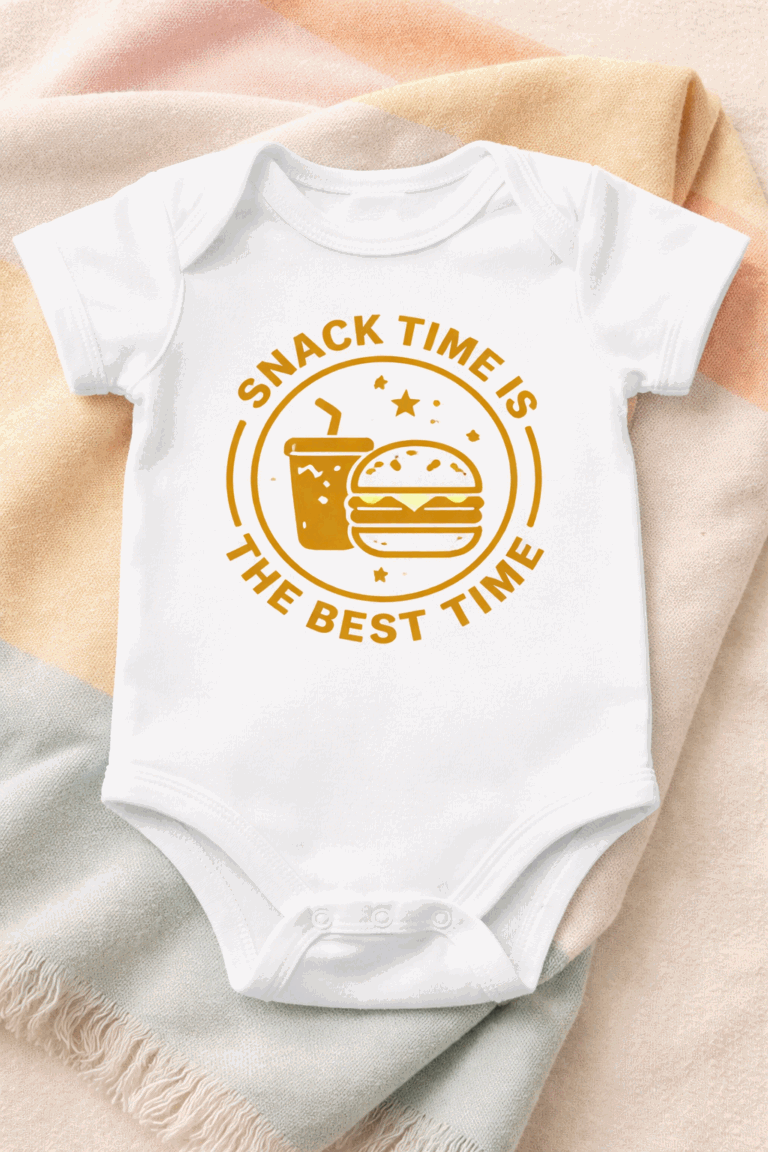 Funny baby bodysuit with the slogan Snack Time Is The Best Time