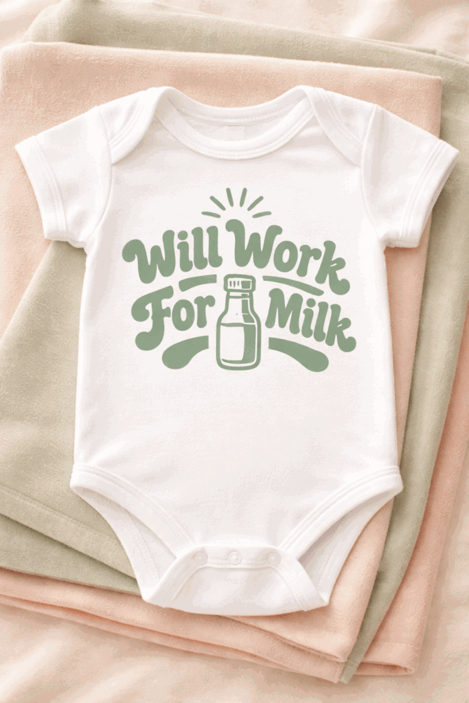 Funny baby bodysuit with the slogan Will Work For Milk