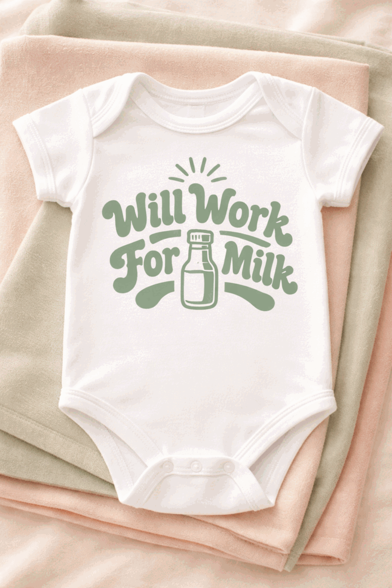 Funny baby bodysuit with the slogan Will Work For Milk