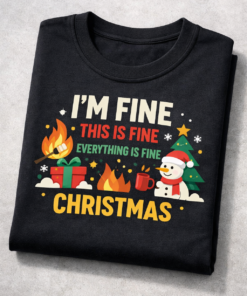 Funny Christmas t-shirt with the slogan I’m Fine This Is Fine Everything Is Fine Christmas