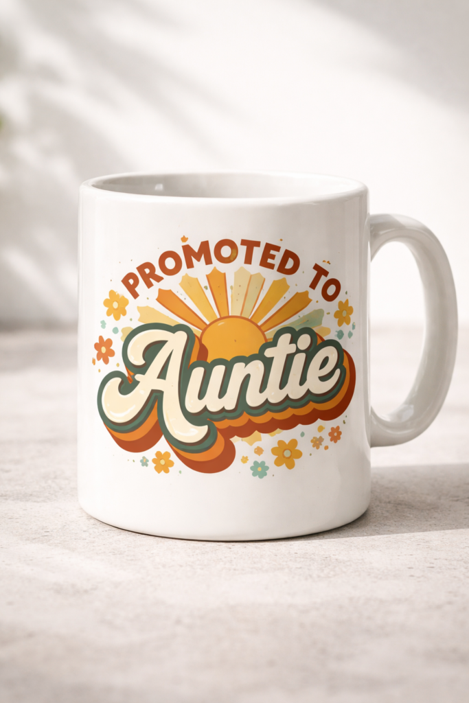 Funny mug with the slogan Promoted to Auntie