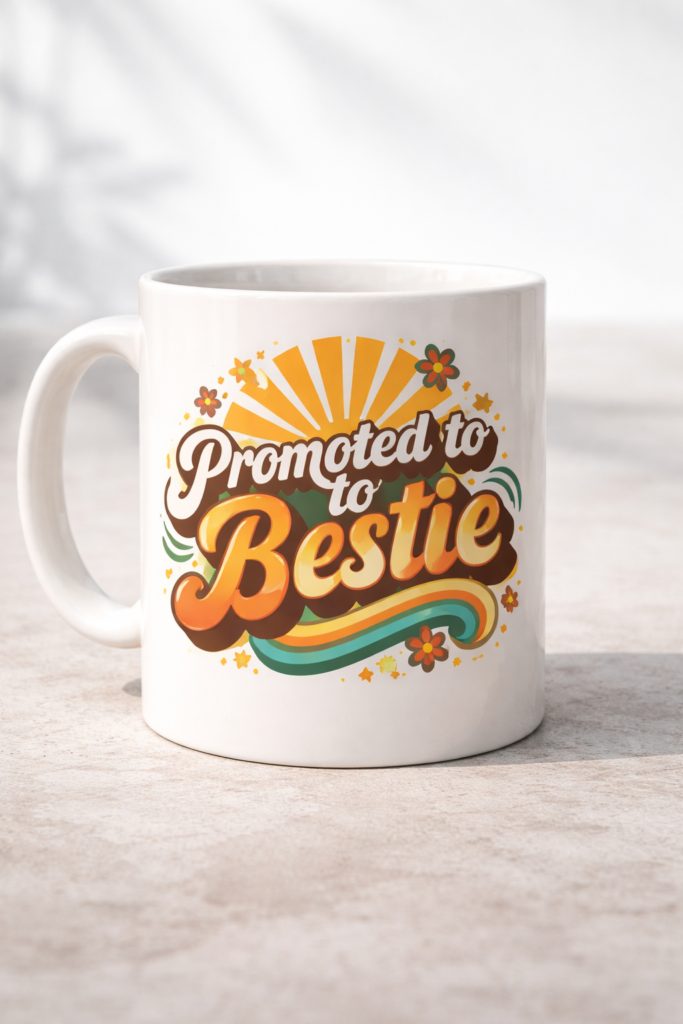 Funny mug with the slogan Promoted to Bestie