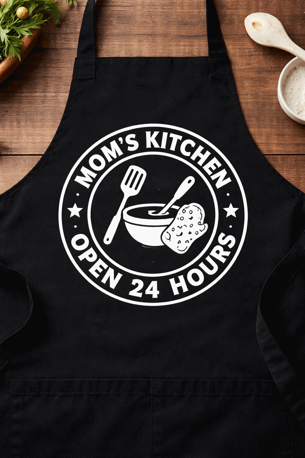 Mom's Kitchen Open 24 Hours Funny Apron