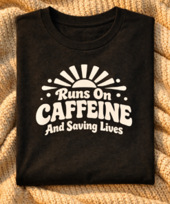 Runs On Caffeine And Saving Lives Funny Nurse T-Shirt