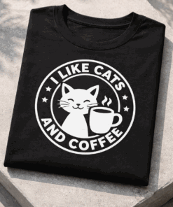 T-shirt for cat lovers with the slogan I Like Cats And Coffee