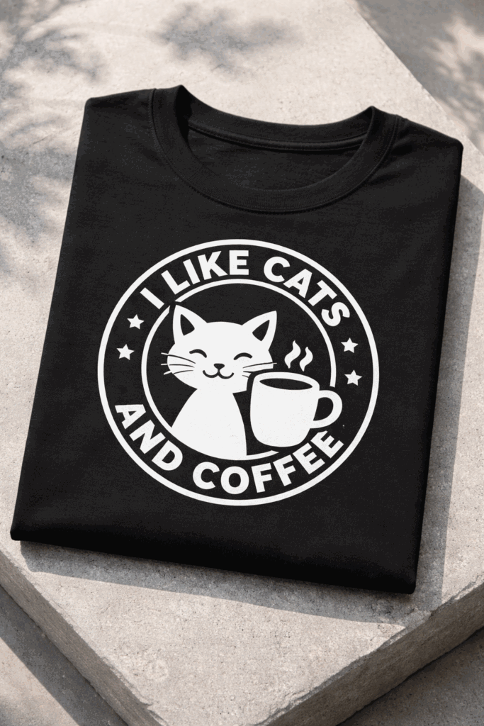 T-shirt for cat lovers with the slogan I Like Cats And Coffee