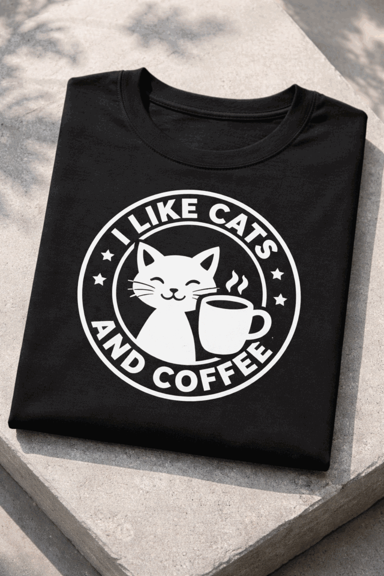 T-shirt for cat lovers with the slogan I Like Cats And Coffee