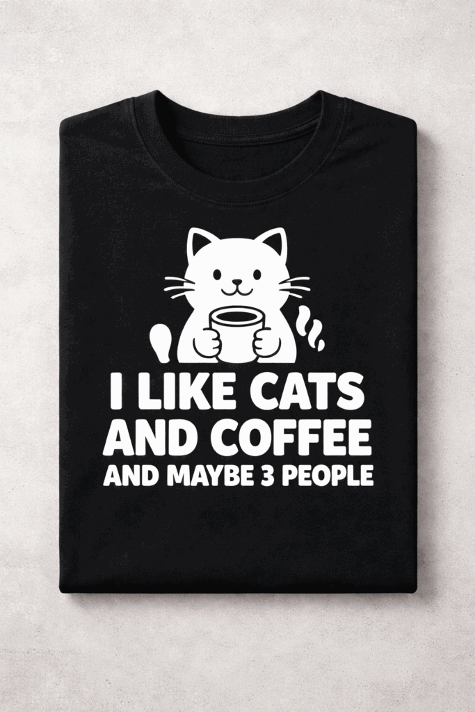 T-shirt for cat lovers with the slogan I Like Cats And Coffee And Maybe 3 People
