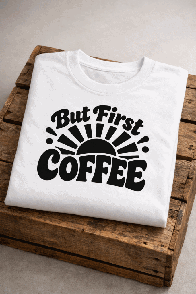 T-shirt for coffee lovers with the slogan But First Coffee